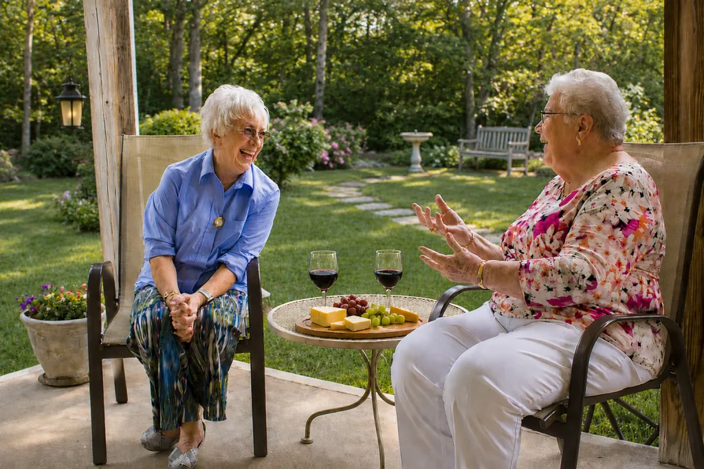 Senior Women Talking with Wine and Cheese