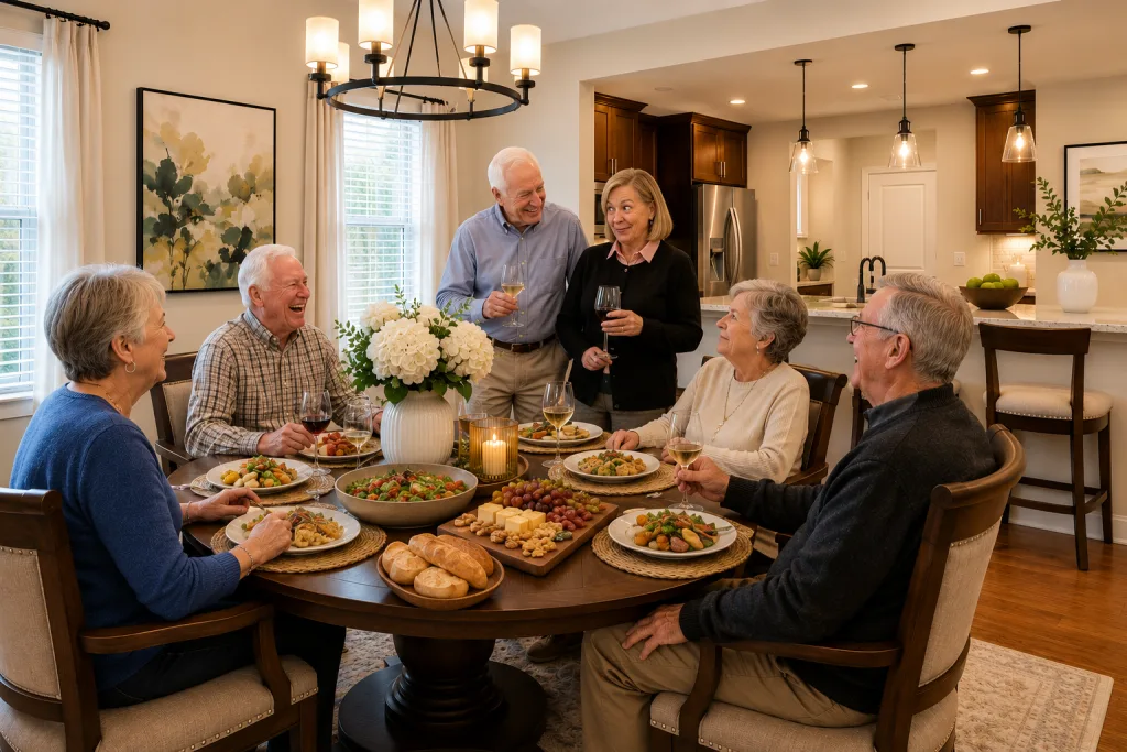 Seniors Eating Dinner and Drinking Wine