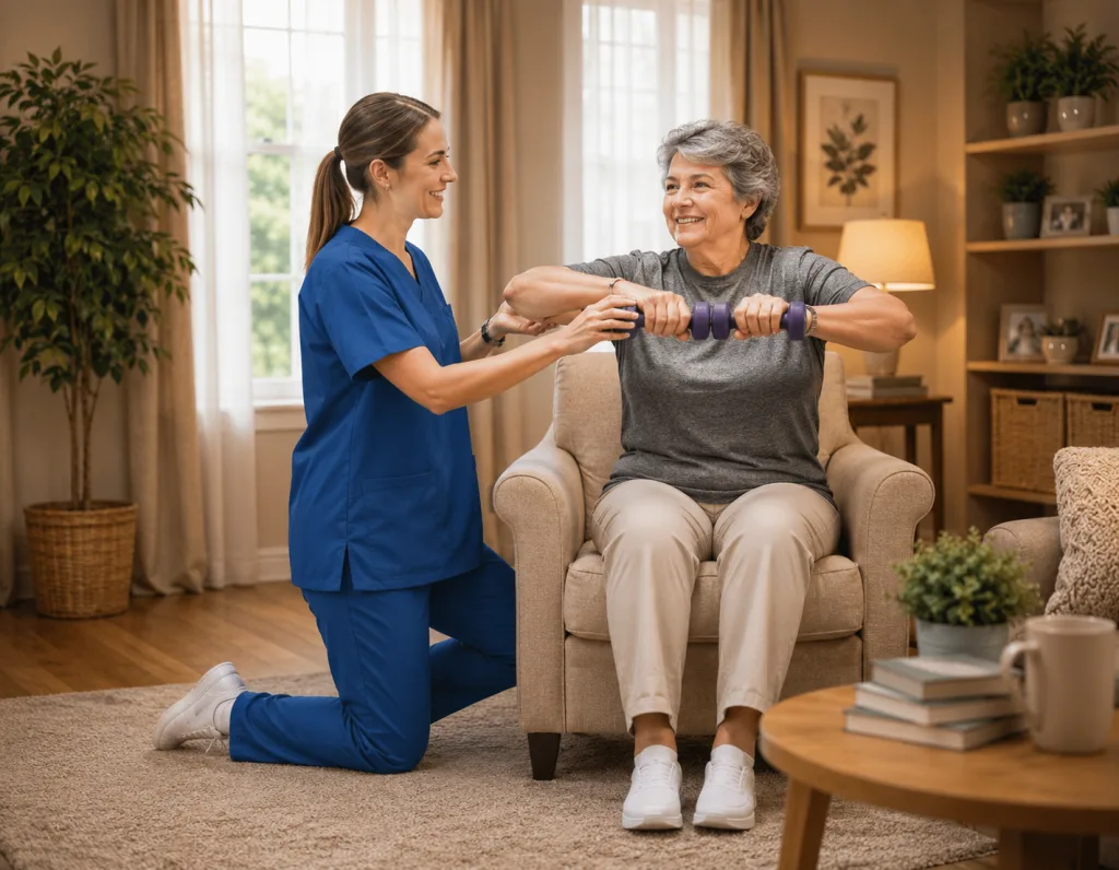 Senior Woman Doing Rehab with Staff Member