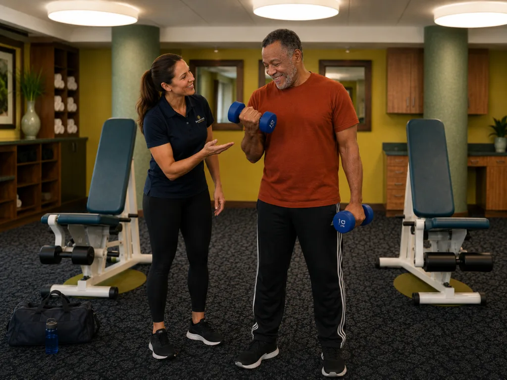 Senior Man Lifting Weights with Staff Member