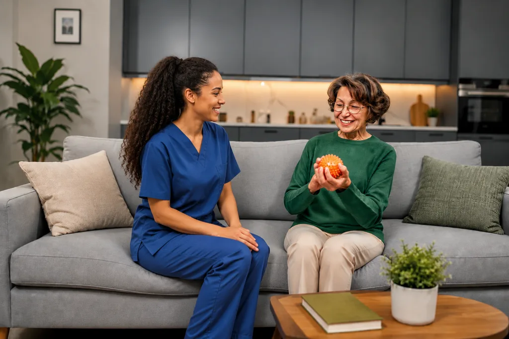 Senior on Couch with Medical Staff Member